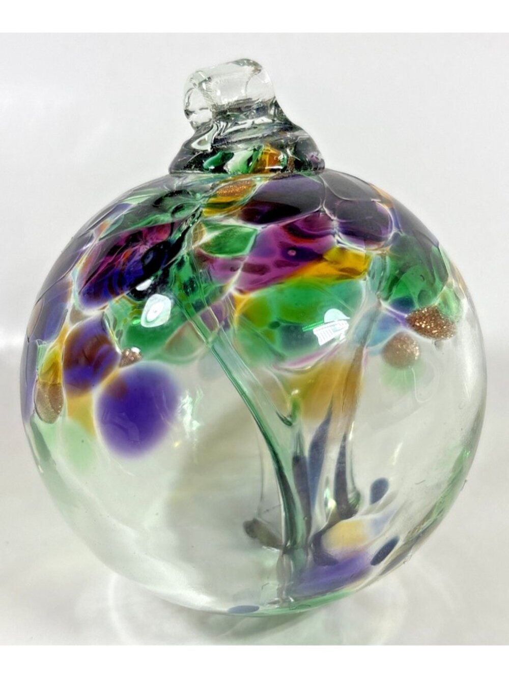 Art Glass Tree Of Life Orb Ball Ornament Hand Made Green Purple Small 2.5 Inch